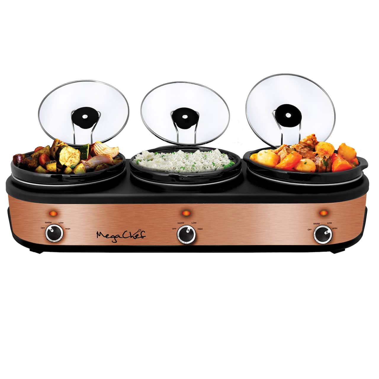 MegaChef Triple 2.5qt. Brushed Copper Slow Cooker and Buffet Server